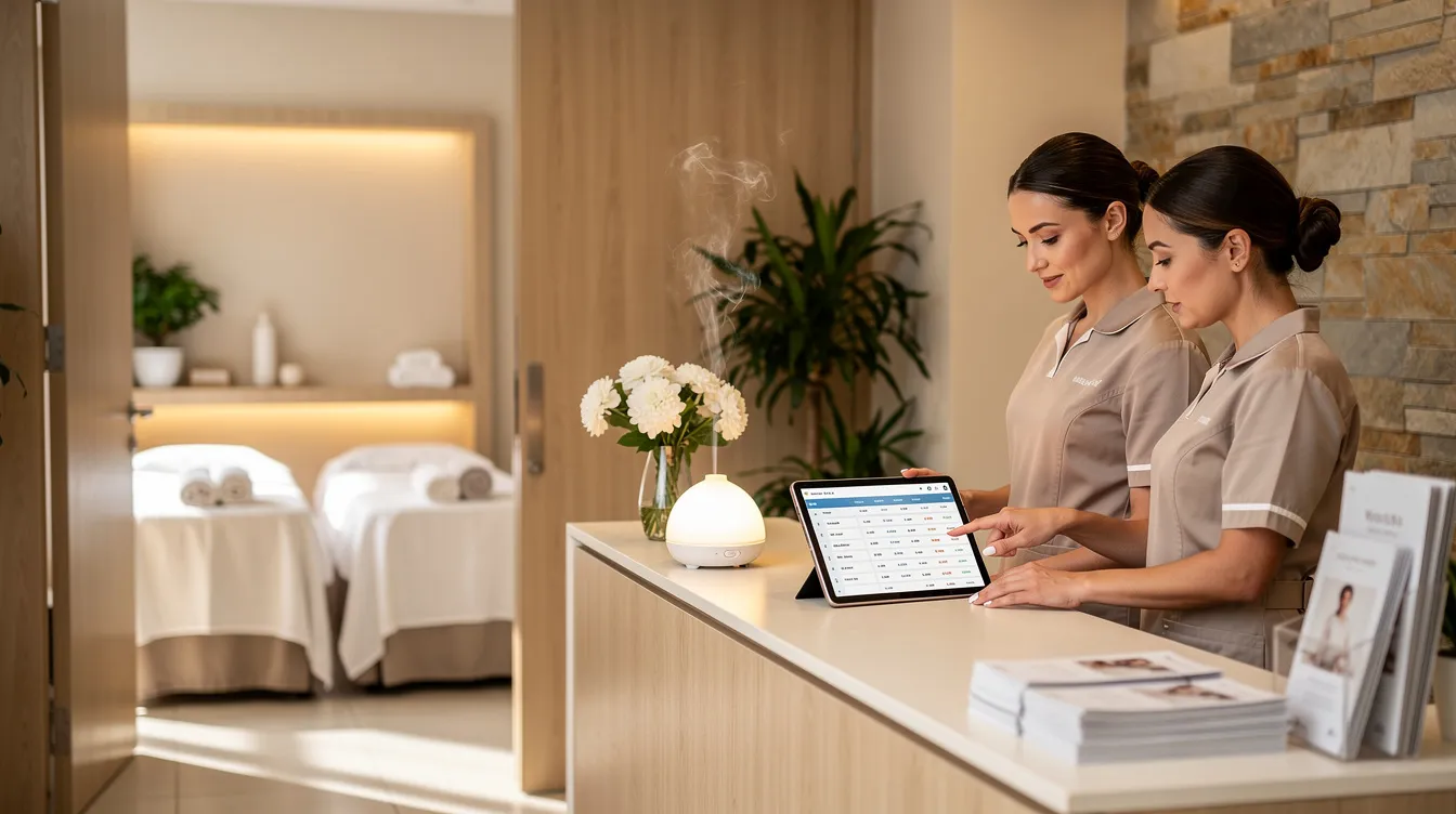 Masaj ve spa merkezinde çift kişilik masaj randevusu planlayan resepsiyon ekibi ve dijital takvim