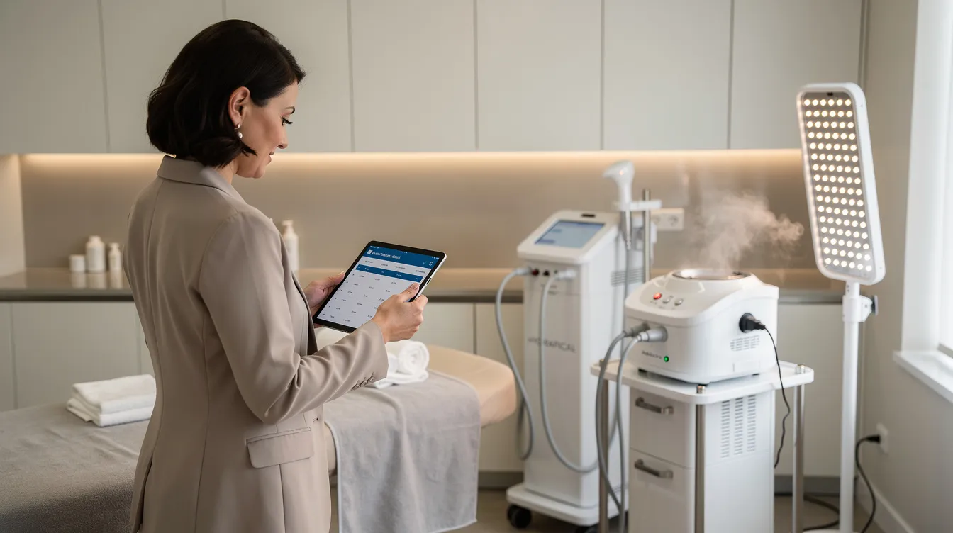 Cilt bakım salonunda Hydrafacial, buhar ve LED cihazlarının randevu planlaması yapan yönetici