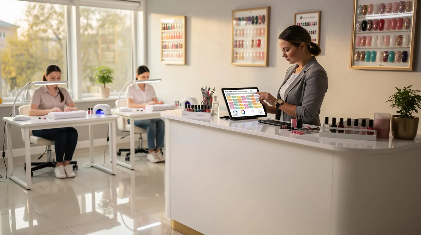 Tırnak stüdyosunda tablet üzerinden prim ve randevu raporu inceleyen yönetici