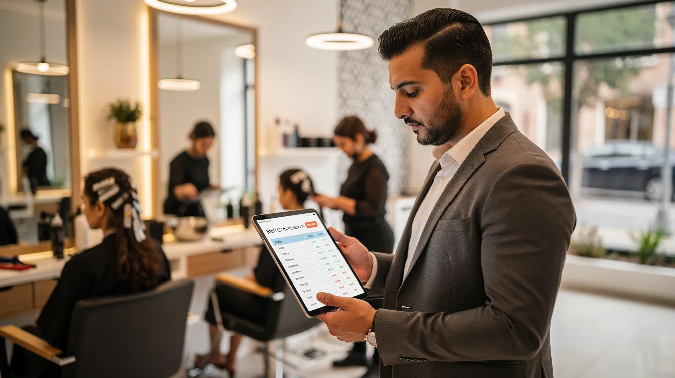 Kuaför salonunda personel primi hesaplamasını inceleyen salon sahibi ve ekip