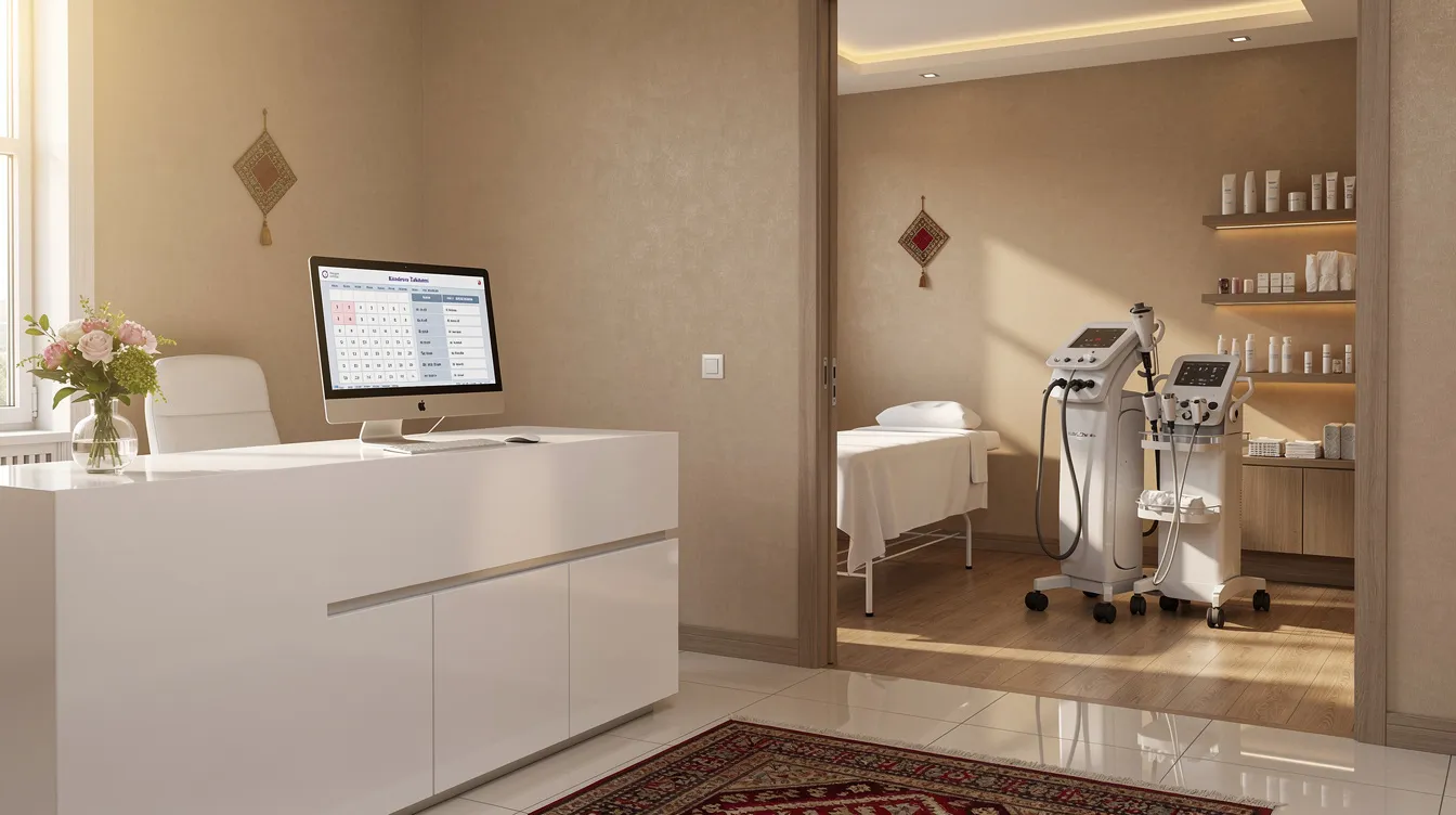 Güzellik merkezinde lazer epilasyon randevu planlaması yapılan modern bir oda ve resepsiyon alanı